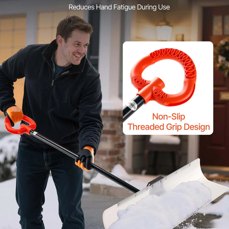 Sniega stūmējlāpsta, 122 cm āra sniega tīrīšanas lāpsta ar ergonoomisku rokturi, HDPE plastmasas asmeni, segmentētu kātu un metāla malu, pārnēsājams sniega novākšanas rīks piebraucamajiem ceļiem un dārzam