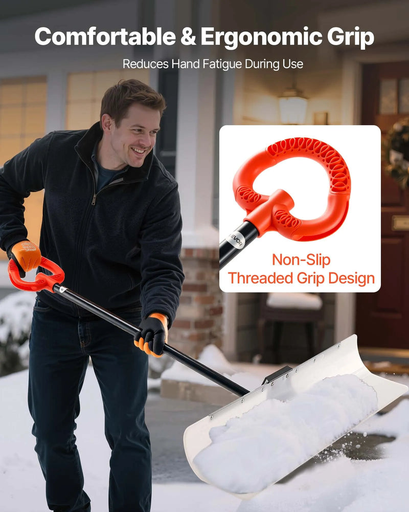 Sniega stūmējlāpsta, 122 cm āra sniega tīrīšanas lāpsta ar ergonomisku rokturi, HDPE plastmasas asmeni, segmentētu kātu un metāla malu, pārnēsājams sniega novākšanas rīks piebraucamajiem ceļiem un dārzam