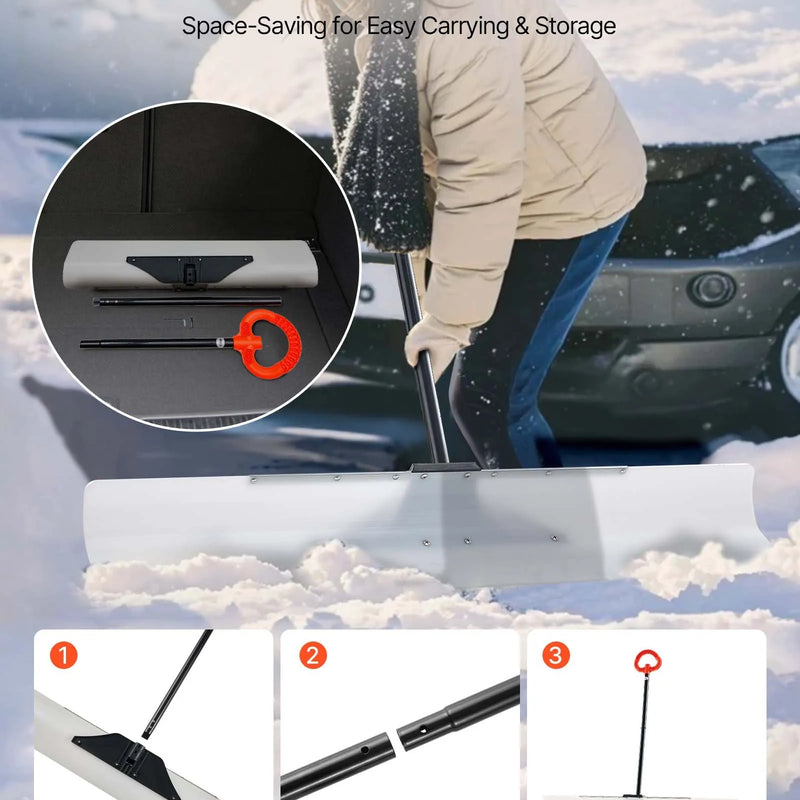 Sniega stūmējlāpsta, 122 cm āra sniega tīrīšanas lāpsta ar ergonoomisku rokturi, HDPE plastmasas asmeni, segmentētu kātu un metāla malu, pārnēsājams sniega novākšanas rīks piebraucamajiem ceļiem un dārzam