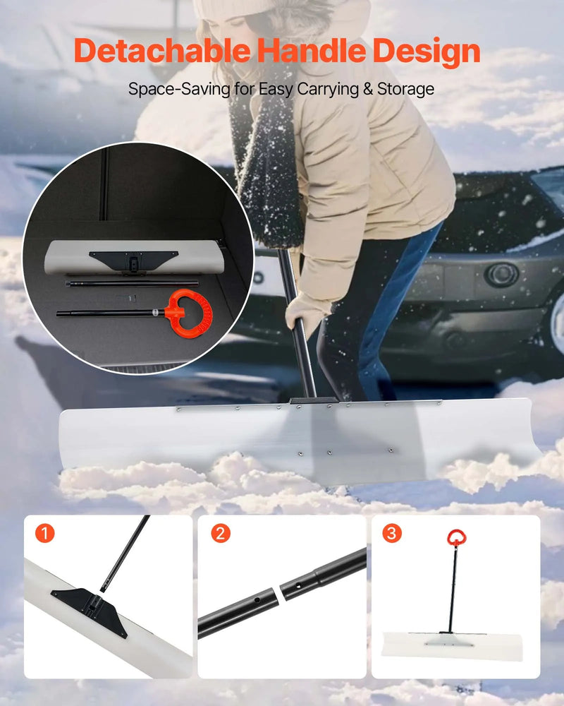 Sniega stūmējlāpsta, 122 cm āra sniega tīrīšanas lāpsta ar ergonomisku rokturi, HDPE plastmasas asmeni, segmentētu kātu un metāla malu, pārnēsājams sniega novākšanas rīks piebraucamajiem ceļiem un dārzam