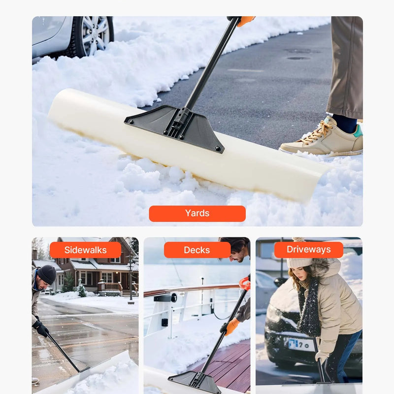 Sniega stūmējlāpsta, 122 cm āra sniega tīrīšanas lāpsta ar ergonoomisku rokturi, HDPE plastmasas asmeni, segmentētu kātu un metāla malu, pārnēsājams sniega novākšanas rīks piebraucamajiem ceļiem un dārzam