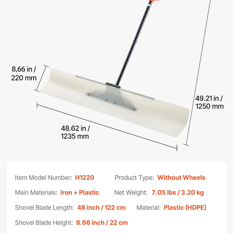Sniega stūmējlāpsta, 122 cm āra sniega tīrīšanas lāpsta ar ergonoomisku rokturi, HDPE plastmasas asmeni, segmentētu kātu un metāla malu, pārnēsājams sniega novākšanas rīks piebraucamajiem ceļiem un dārzam