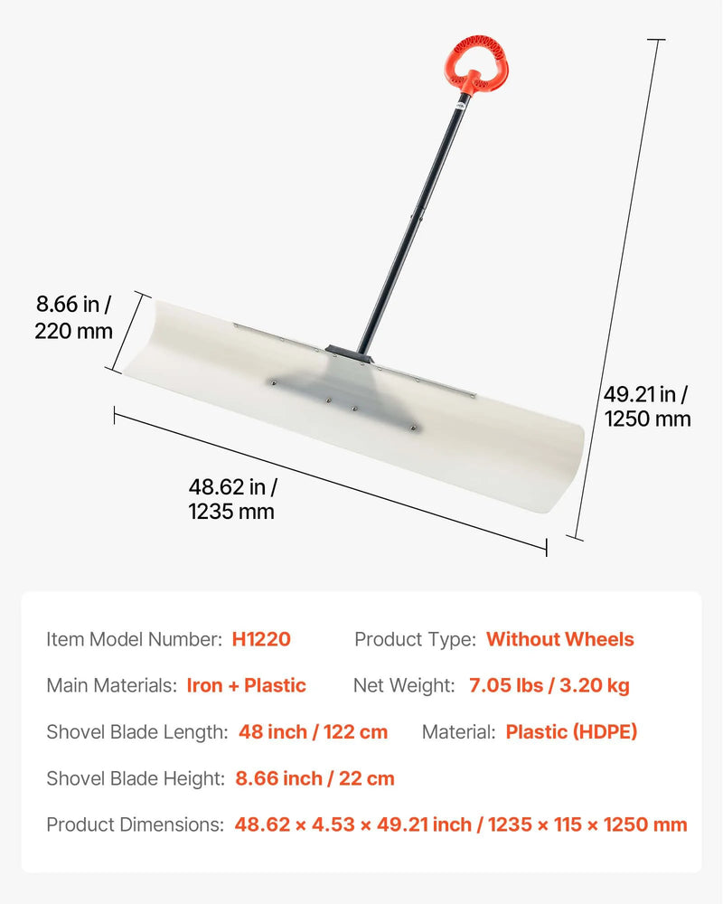 Sniega stūmējlāpsta, 122 cm āra sniega tīrīšanas lāpsta ar ergonomisku rokturi, HDPE plastmasas asmeni, segmentētu kātu un metāla malu, pārnēsājams sniega novākšanas rīks piebraucamajiem ceļiem un dārzam
