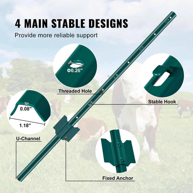 0,9 m T-veida metāla žoga stabi, zaļi, 10 gab. komplekts, pastiprinātas izturības