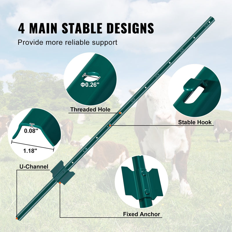 1,2 m T-veida metāla žoga stabi, zaļi, 10 gab. komplekts, pastiprinātas izturības