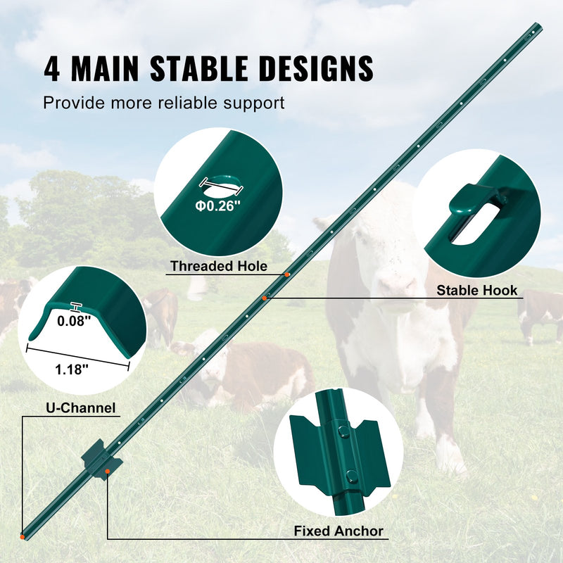 Metāla žoga stabi 183 cm, 6 gab., T-veida, pastiprināti, zaļi