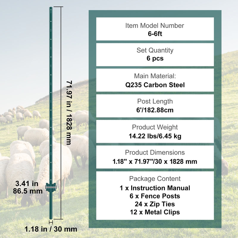 Metāla žoga stabi 183 cm, 6 gab., T-veida, pastiprināti, zaļi