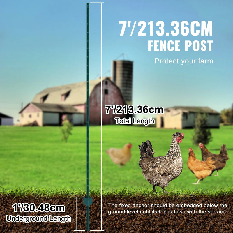 213 cm metāla žoga stabi T veida, zaļi, 10 gab., pastiprināti