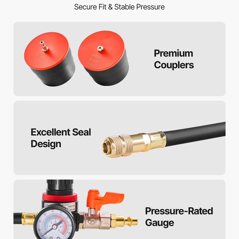 VEVOR turbo sistēmas noplūdes testeris 0–80 PSI ar pakāpju adapteriem un gaisa savienojumiem starpdzesētāja un ieplūdes sistēmas pārbaudei - ZEMLETES.LV