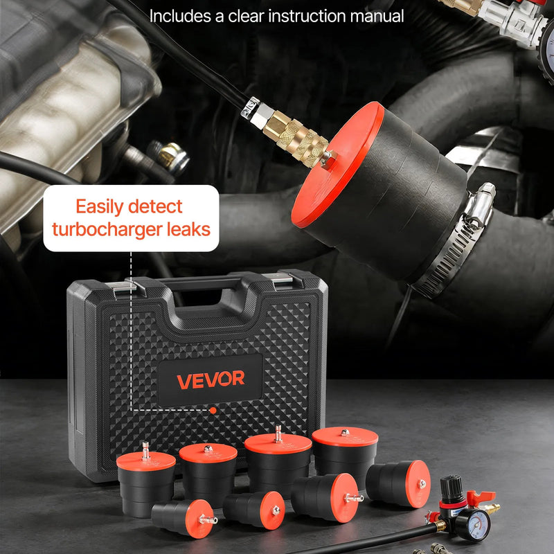 VEVOR turbo sistēmas noplūdes testeris 0–80 PSI ar pakāpju adapteriem un gaisa savienojumiem starpdzesētāja un ieplūdes sistēmas pārbaudei - ZEMLETES.LV