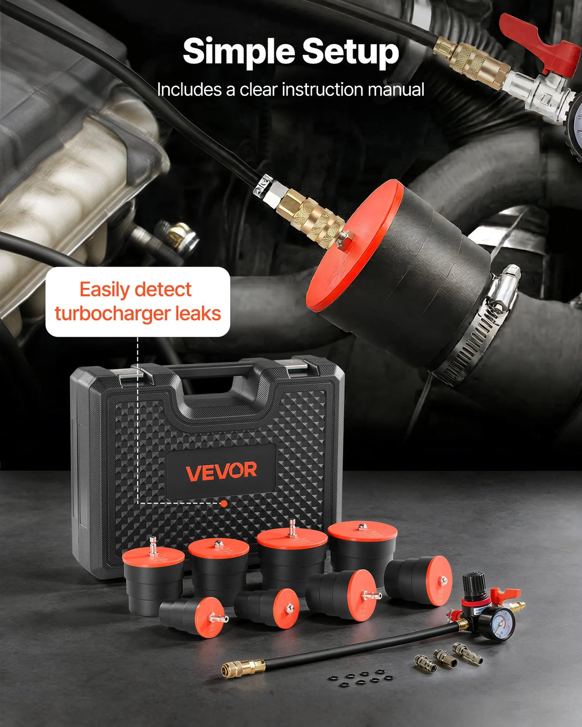 VEVOR turbo sistēmas noplūdes testeris 0–80 PSI ar pakāpju adapteriem un gaisa savienojumiem starpdzesētāja un ieplūdes sistēmas pārbaudei - ZEMLETES.LV
