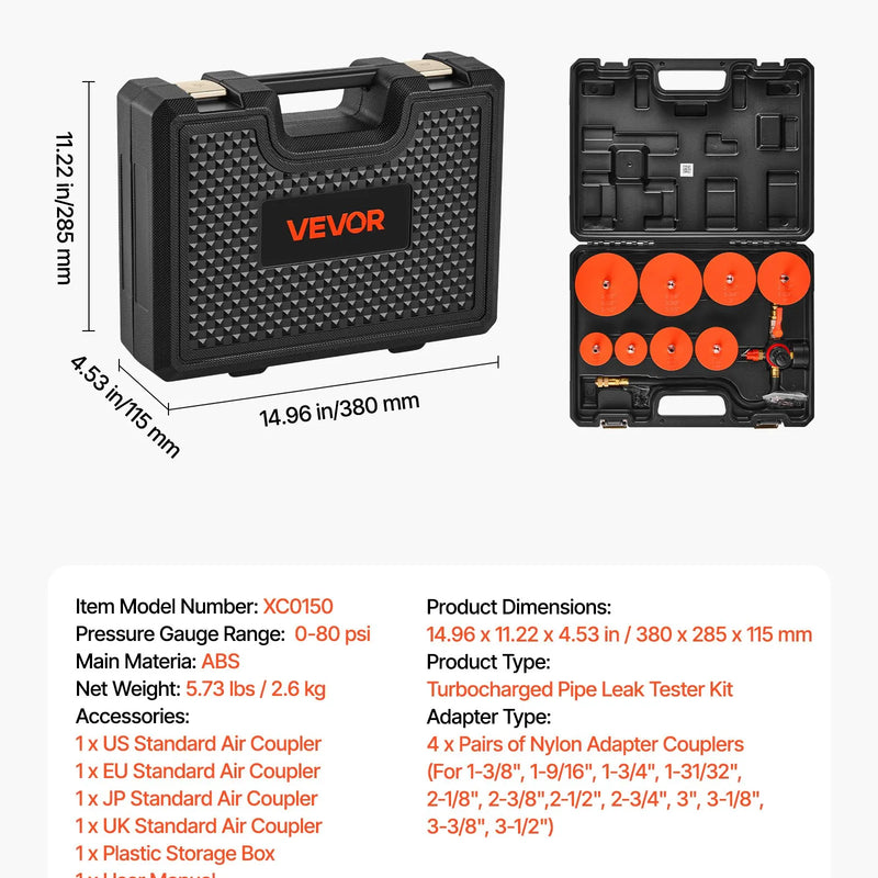 VEVOR turbo sistēmas noplūdes testeris 0–80 PSI ar pakāpju adapteriem un gaisa savienojumiem starpdzesētāja un ieplūdes sistēmas pārbaudei - ZEMLETES.LV