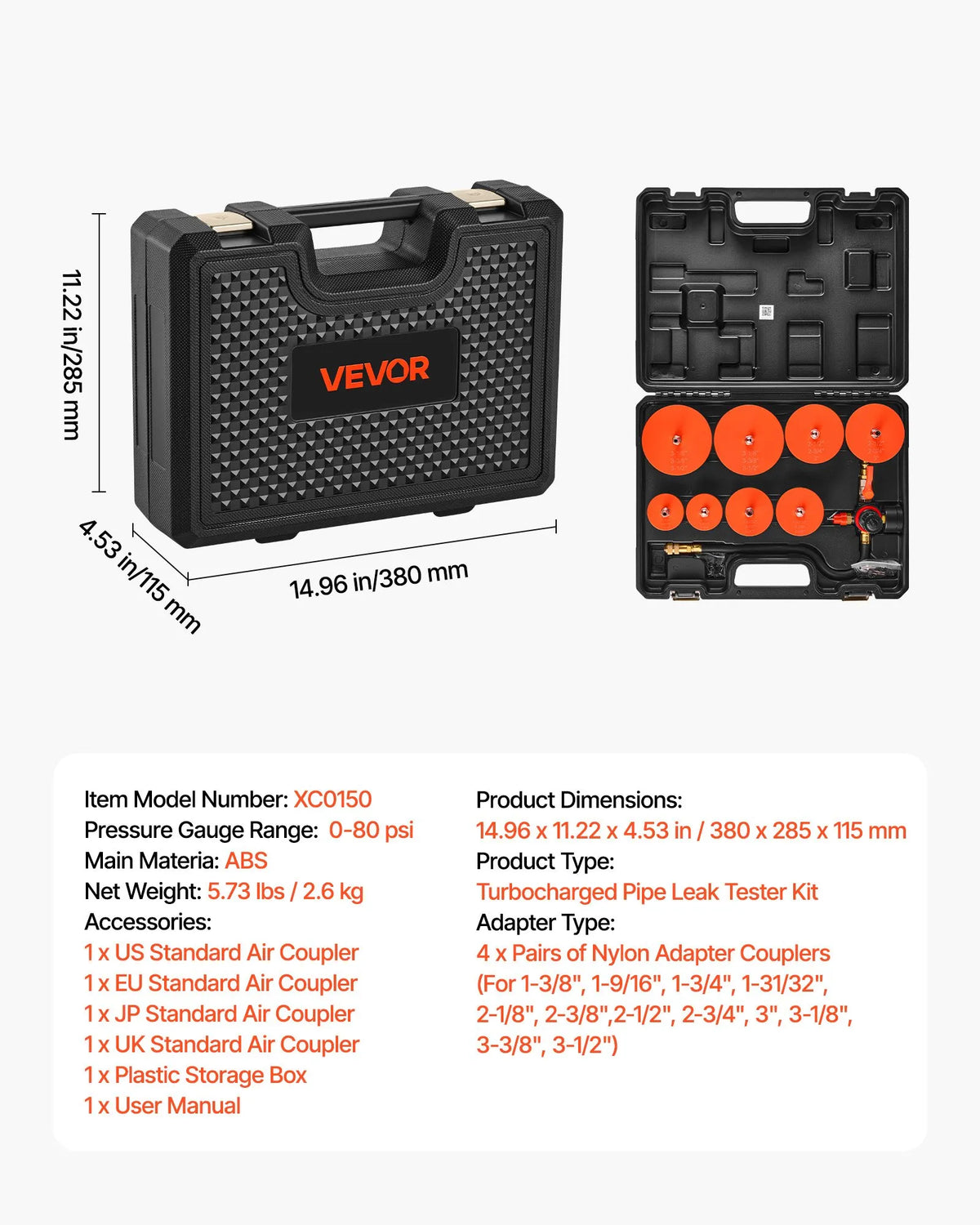 VEVOR turbo sistēmas noplūdes testeris 0–80 PSI ar pakāpju adapteriem un gaisa savienojumiem starpdzesētāja un ieplūdes sistēmas pārbaudei - ZEMLETES.LV