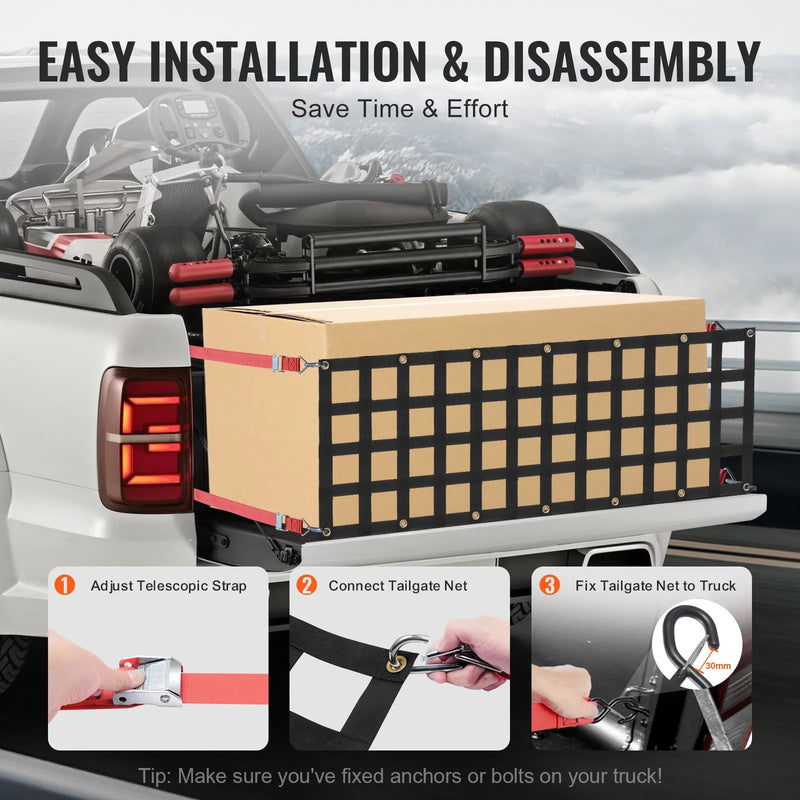Pikapa aizmugures borta tīkls 137 × 46 cm ar regulējamu stiprinājumu kravas automašīnām