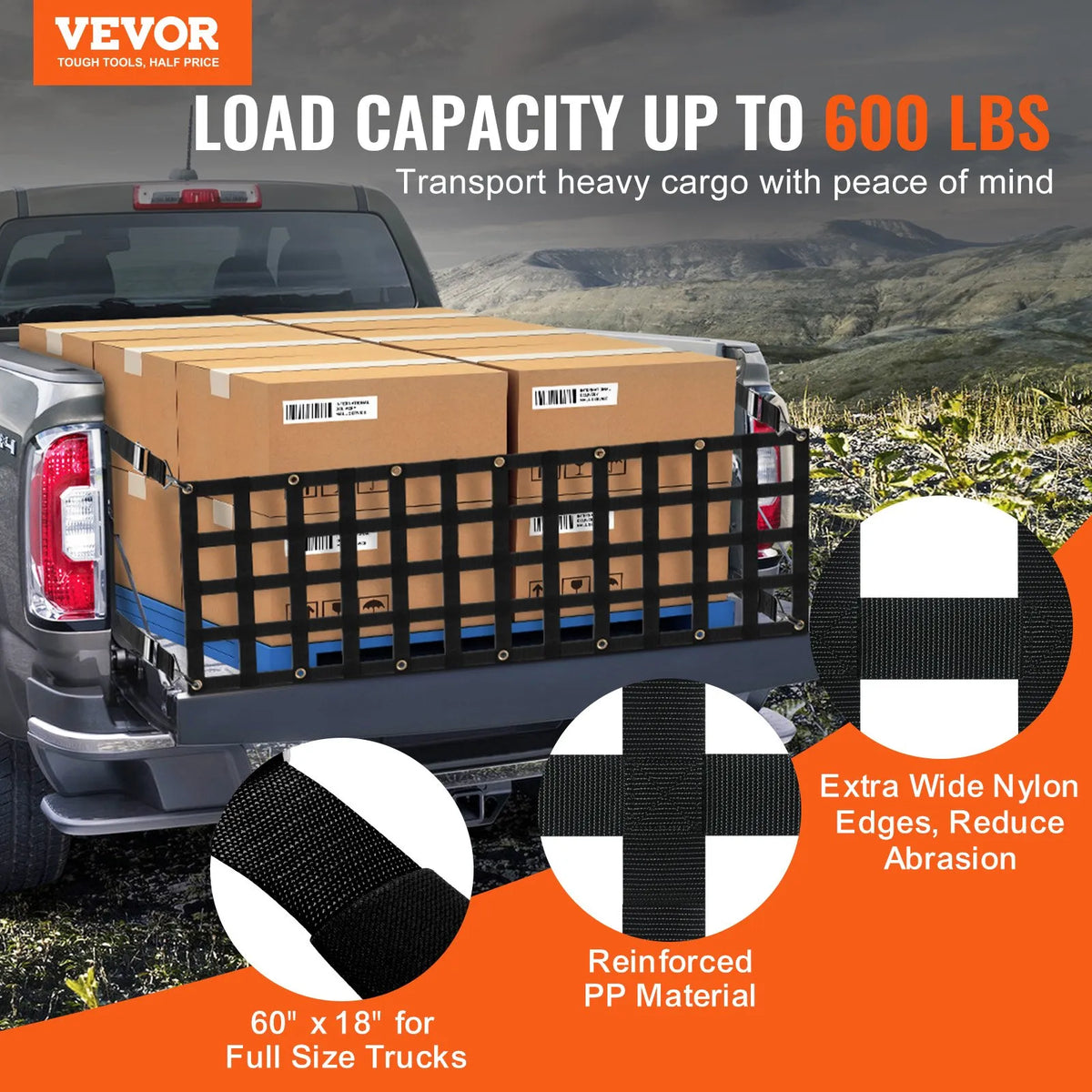 Trailer safety net for full-size pickup trucks 1520 × 460 mm, adjustable
