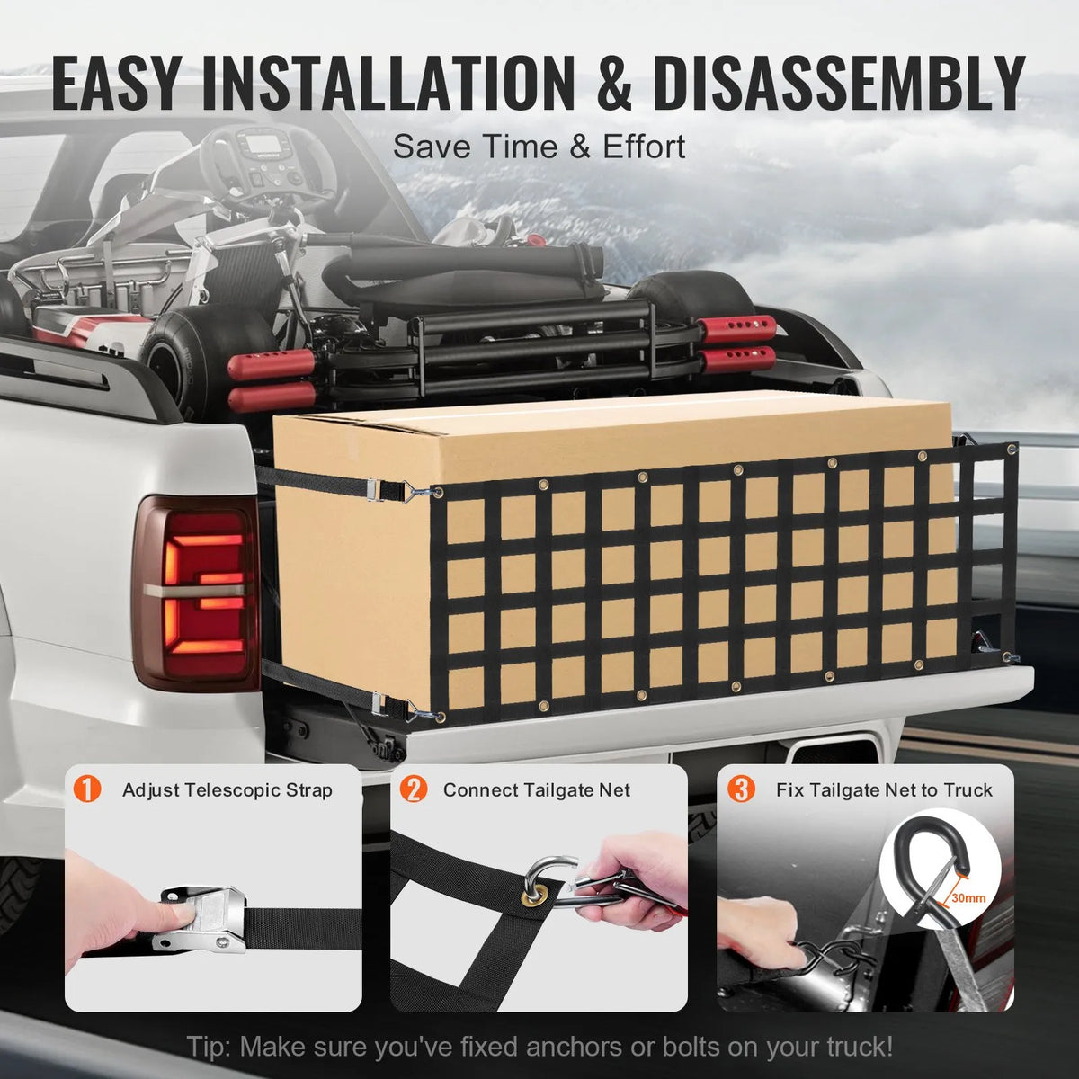 Trailer safety net for full-size pickup trucks 1520 × 460 mm, adjustable