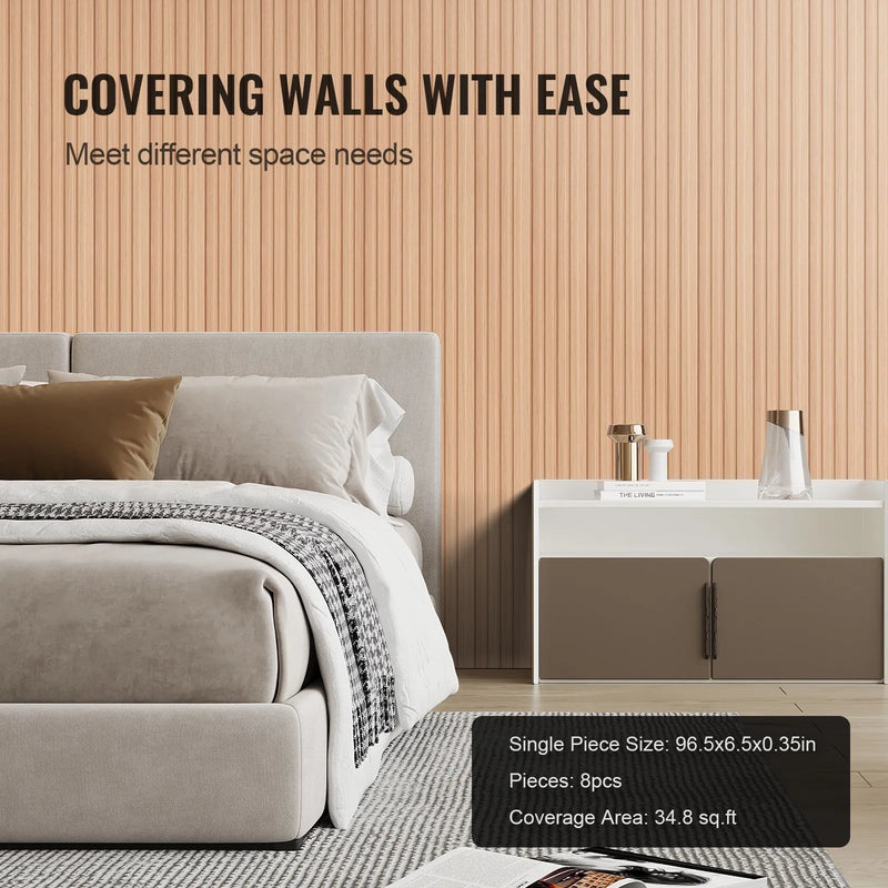 VEVOR koka līstu akustiskie paneļi, 8 gab., 2440 × 152 mm, WPC akcenta sienas paneļi modernam interjeram, mākslīgā koka sienas paneļi stilīgam dekoram un trokšņu samazināšanai, oša koka krāsā