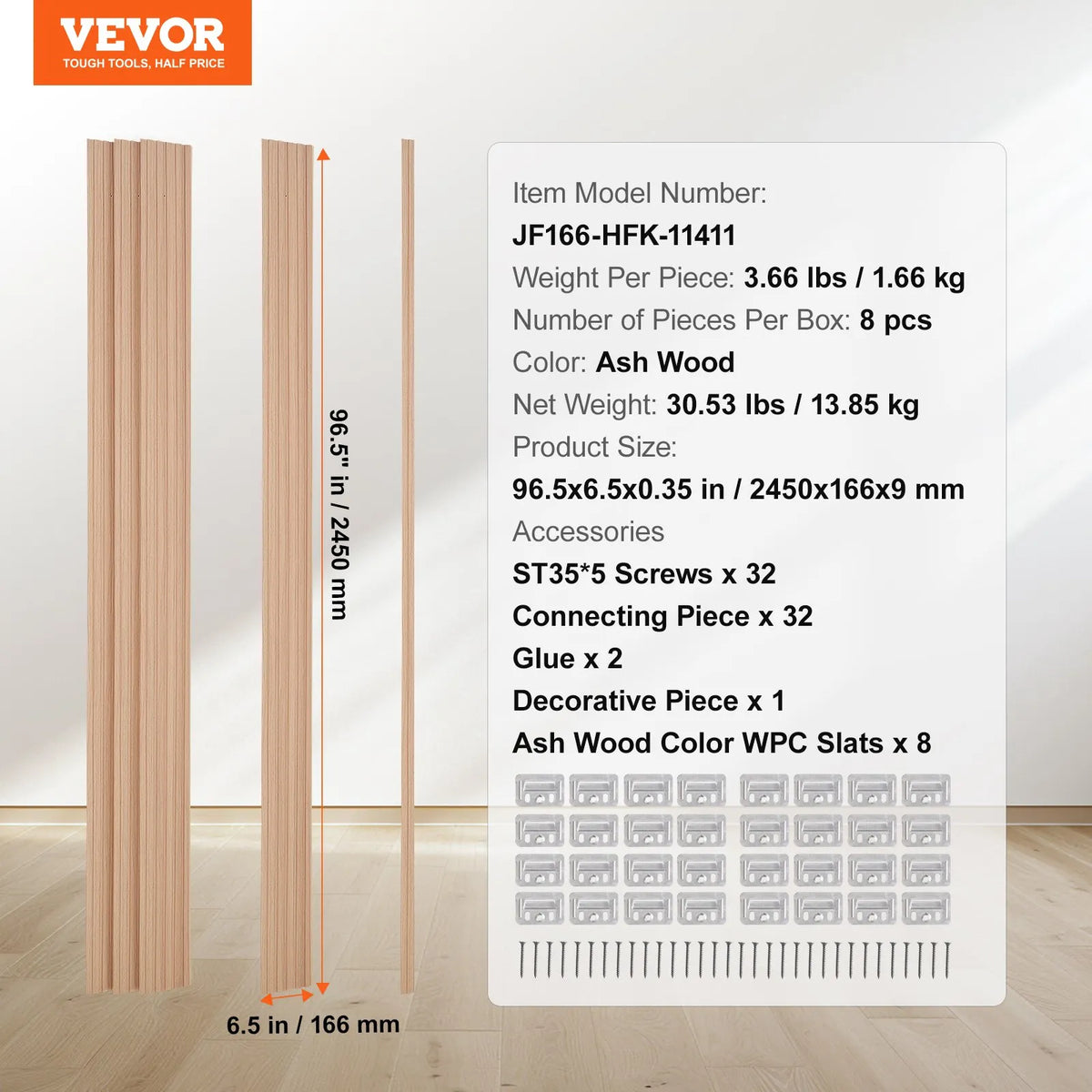 VEVOR Wood Slat Acoustic Panels, 8 Pieces, 2440 × 152 mm, WPC Accent Wall Panels for Modern Interior, Artificial Wood Wall Panels for Stylish Décor and Noise Reduction, Ash Wood Colour
