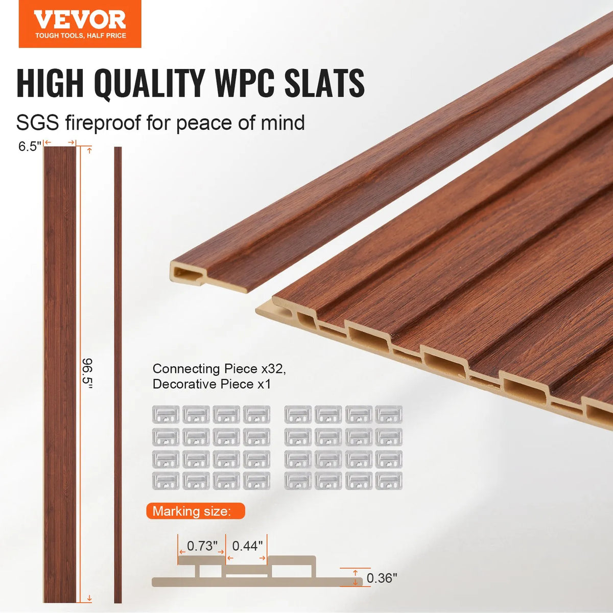 VEVOR Wood Slat Acoustic Panels, 8 Pieces, 2440 × 152 mm, WPC Accent Wall Panels for Modern Interior, Artificial Wood Wall Panels for Stylish Décor and Noise Reduction, Black Walnut Colour