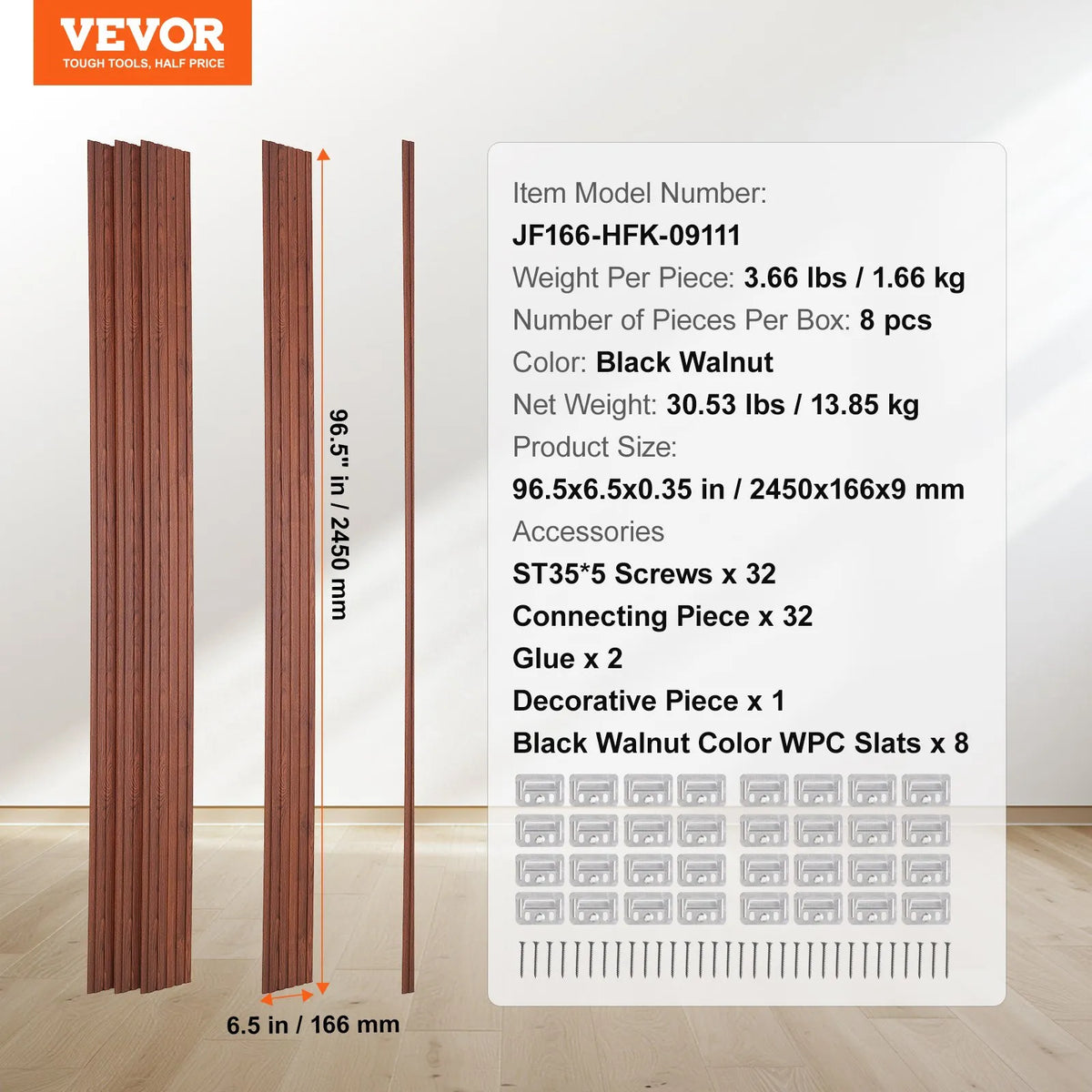 VEVOR Wood Slat Acoustic Panels, 8 Pieces, 2440 × 152 mm, WPC Accent Wall Panels for Modern Interior, Artificial Wood Wall Panels for Stylish Décor and Noise Reduction, Black Walnut Colour