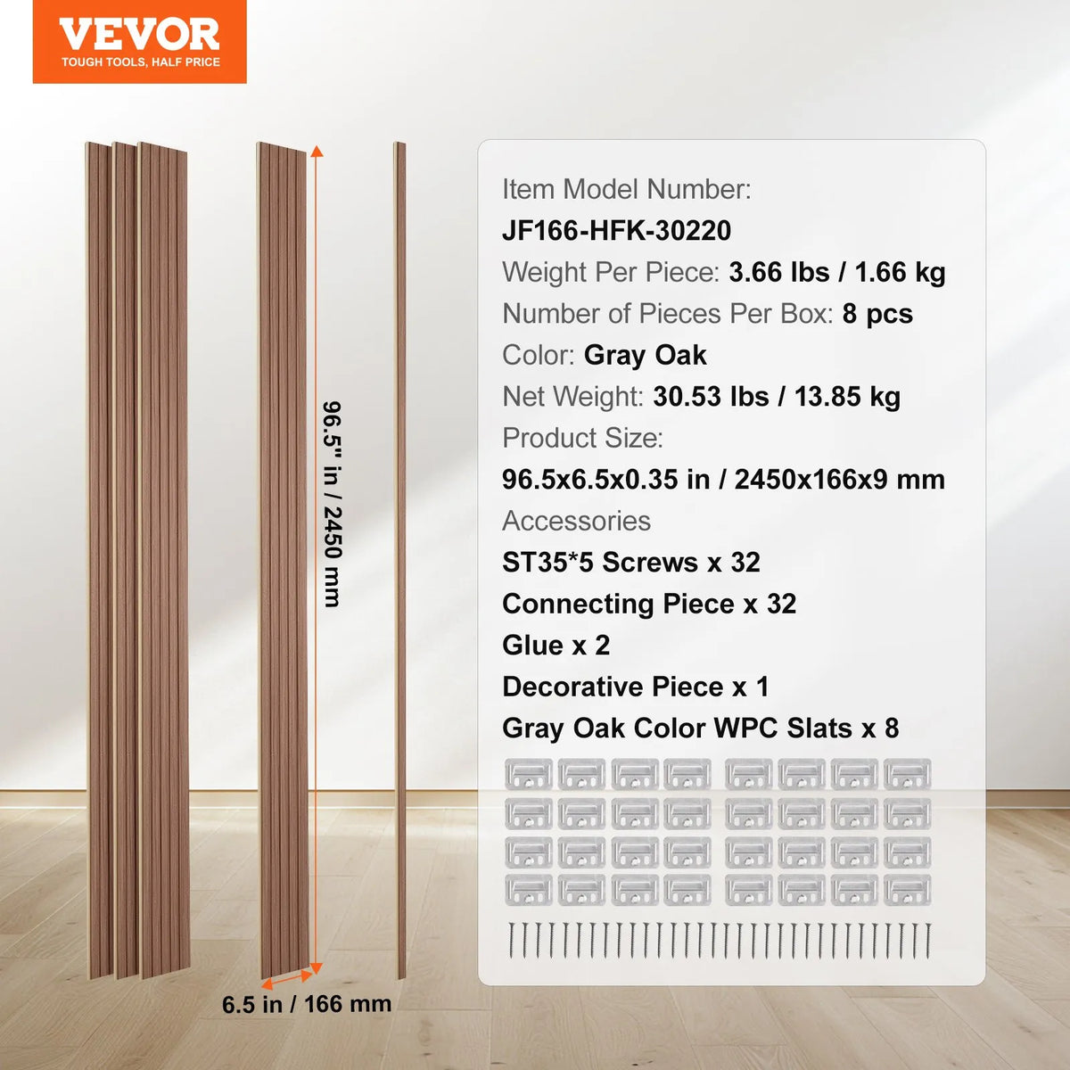 VEVOR Wood Slat Acoustic Panels, 8 Pieces, 2440 × 152 mm, WPC Accent Wall Panels for Modern Interior, Artificial Wood Wall Panels for Stylish Décor and Noise Reduction, Grey Oak Colour