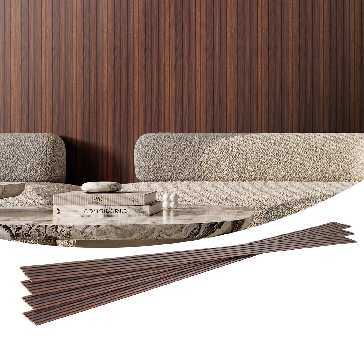 VEVOR Wood Slat Acoustic Panels, 8 Pieces, 2440 × 152 mm, WPC Accent Wall Panels for Modern Interior, Artificial Wood Wall Panels for Stylish Décor and Noise Reduction, Dark Mesh Wood Colour