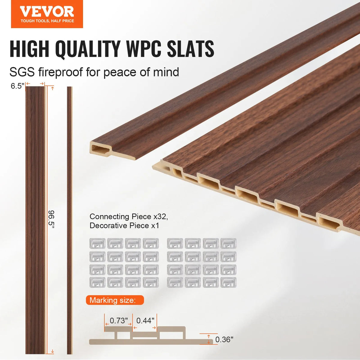 VEVOR Wood Slat Acoustic Panels, 8 Pieces, 2440 × 152 mm, WPC Accent Wall Panels for Modern Interior, Artificial Wood Wall Panels for Stylish Décor and Noise Reduction, Dark Mesh Wood Colour
