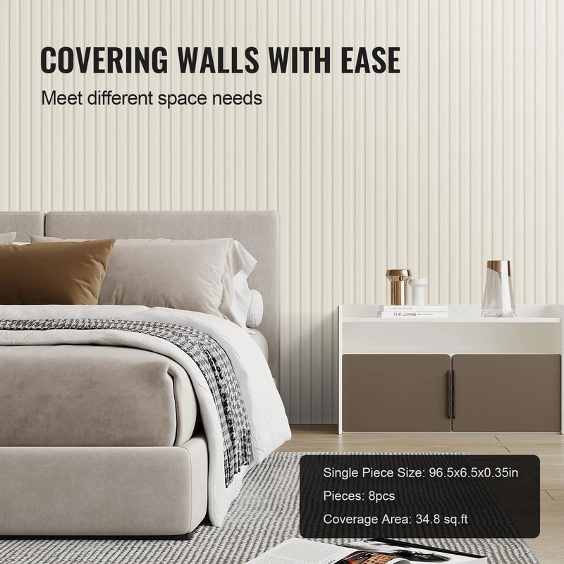 VEVOR koka līstu akustiskie paneļi, 8 gab., 2440 × 152 mm, WPC akcenta sienas paneļi modernam interjeram, mākslīgā koka sienas paneļi stilīgam dekoram un trokšņu samazināšanai, matēti baltā krāsā