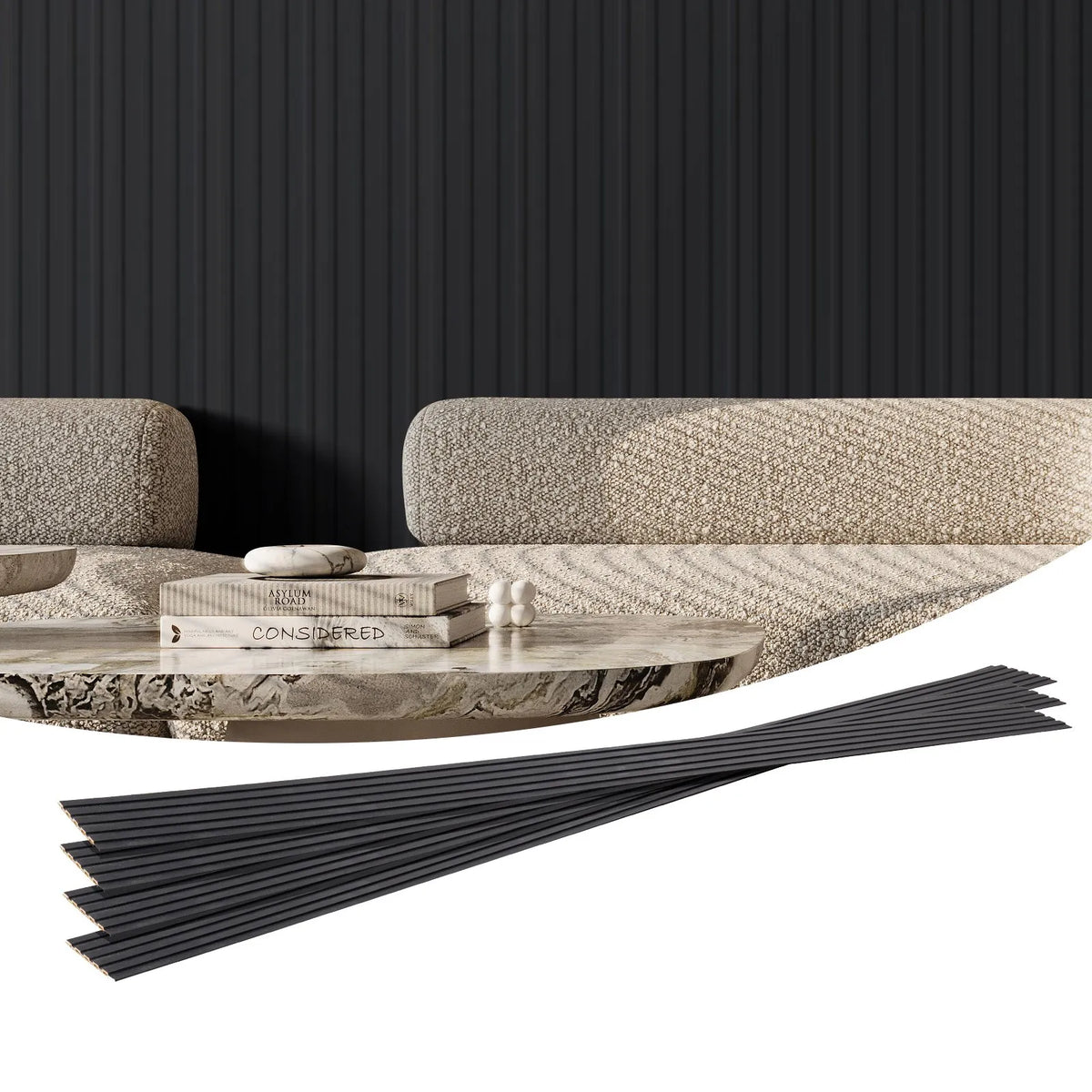 VEVOR koka līstu akustiskie paneļi, 8 gab., 2440 × 152 mm, WPC akcenta sienas paneļi modernam interjeram, mākslīgā koka sienas paneļi stilīgam dekoram un trokšņu samazināšanai, matēti melnā krāsā