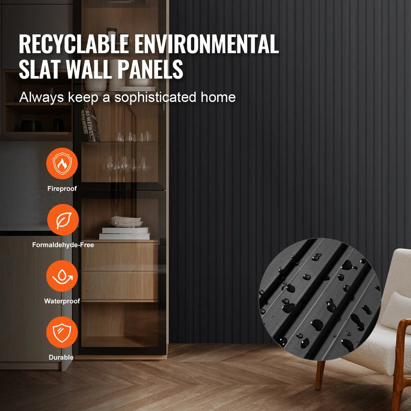 VEVOR koka līstu akustiskie paneļi, 8 gab., 2440 × 152 mm, WPC akcenta sienas paneļi modernam interjeram, mākslīgā koka sienas paneļi stilīgam dekoram un trokšņu samazināšanai, matēti melnā krāsā