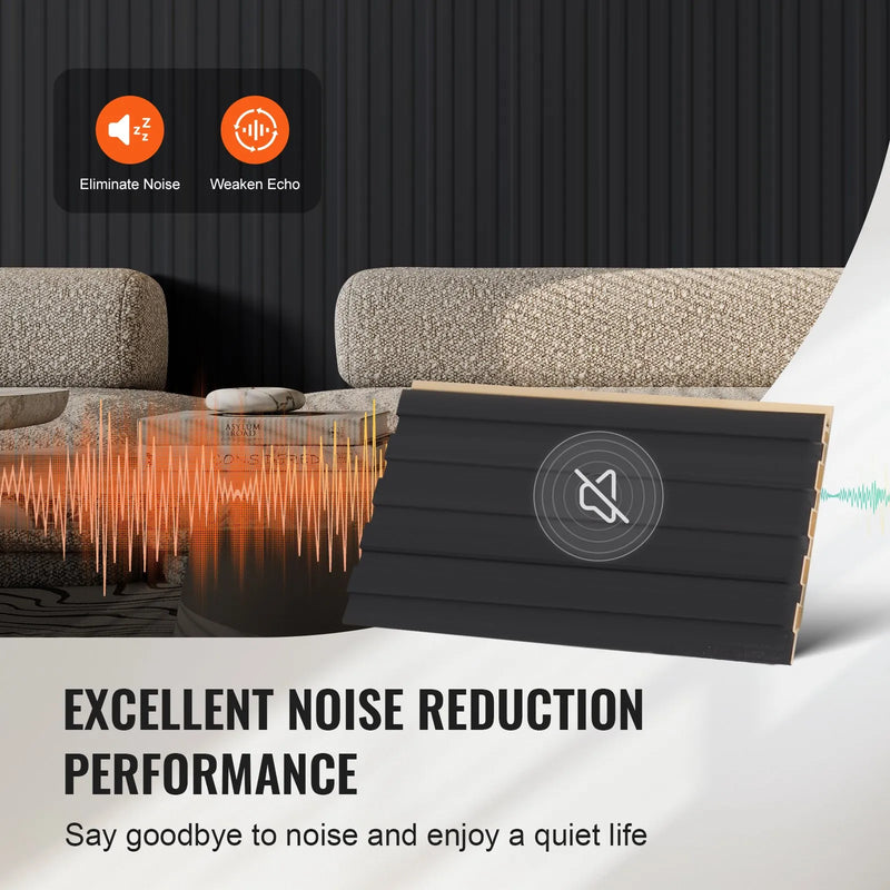 VEVOR koka līstu akustiskie paneļi, 8 gab., 2440 × 152 mm, WPC akcenta sienas paneļi modernam interjeram, mākslīgā koka sienas paneļi stilīgam dekoram un trokšņu samazināšanai, matēti melnā krāsā