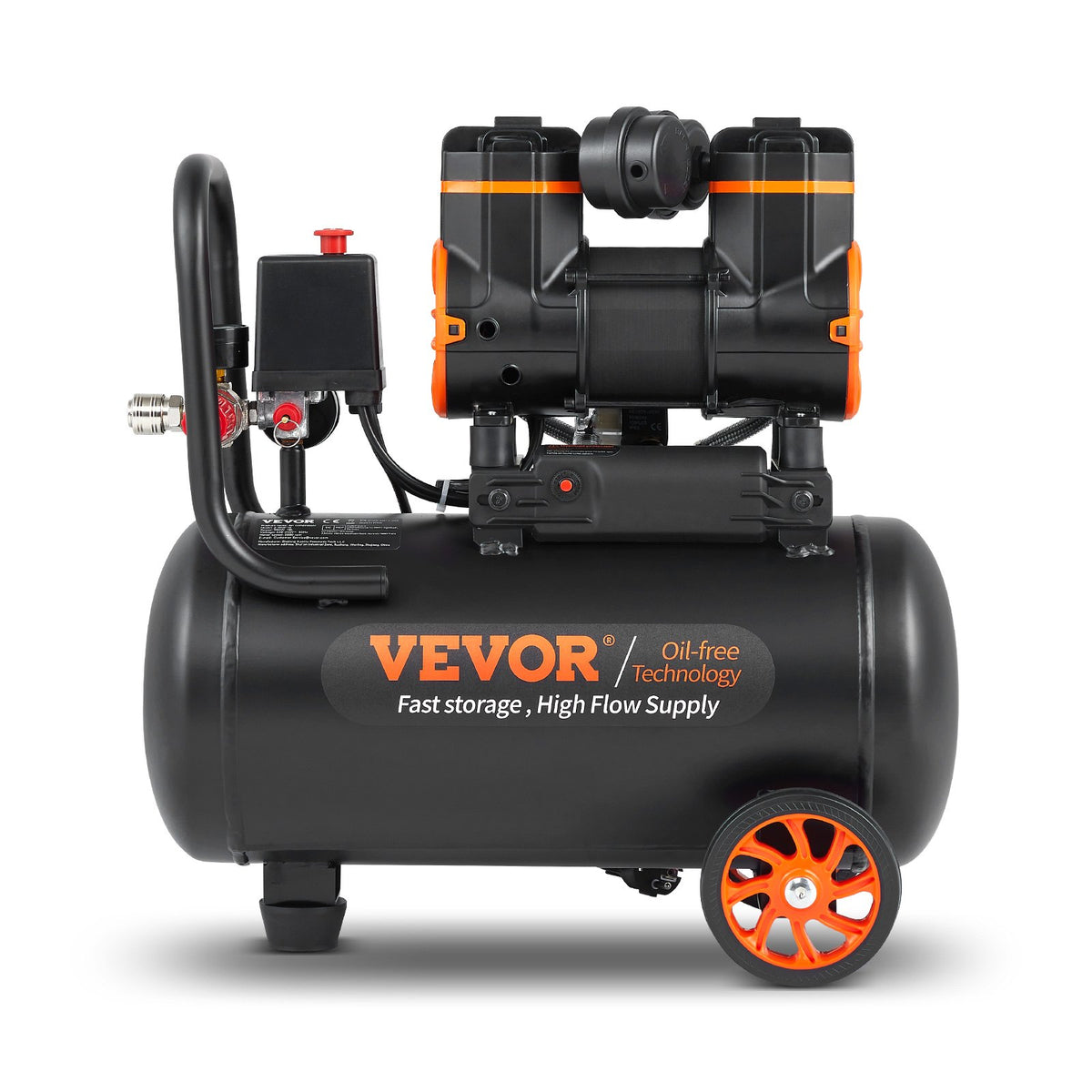 VEVOR Oil-Free Ultra-Quiet Air Compressor, 4.8 L, 900 W, 62 L/min at 6.2 bar, 70 dB
