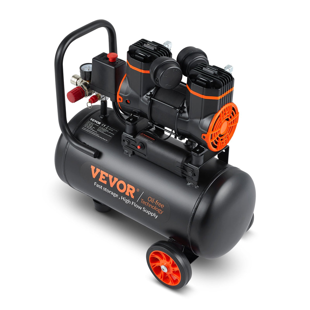 VEVOR Oil-Free Ultra-Quiet Air Compressor, 4.8 L, 900 W, 62 L/min at 6.2 bar, 70 dB