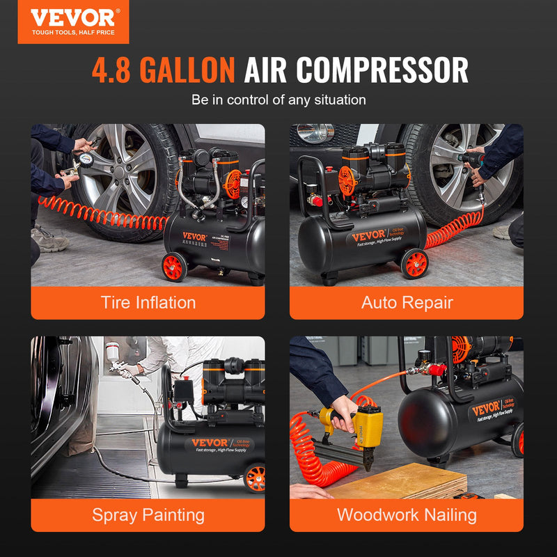 VEVOR bez eļļas īpaši klusais gaisa kompresors, 4,8 l, 900 W, 62 l/min pie 6,2 bāriem, 70 dB