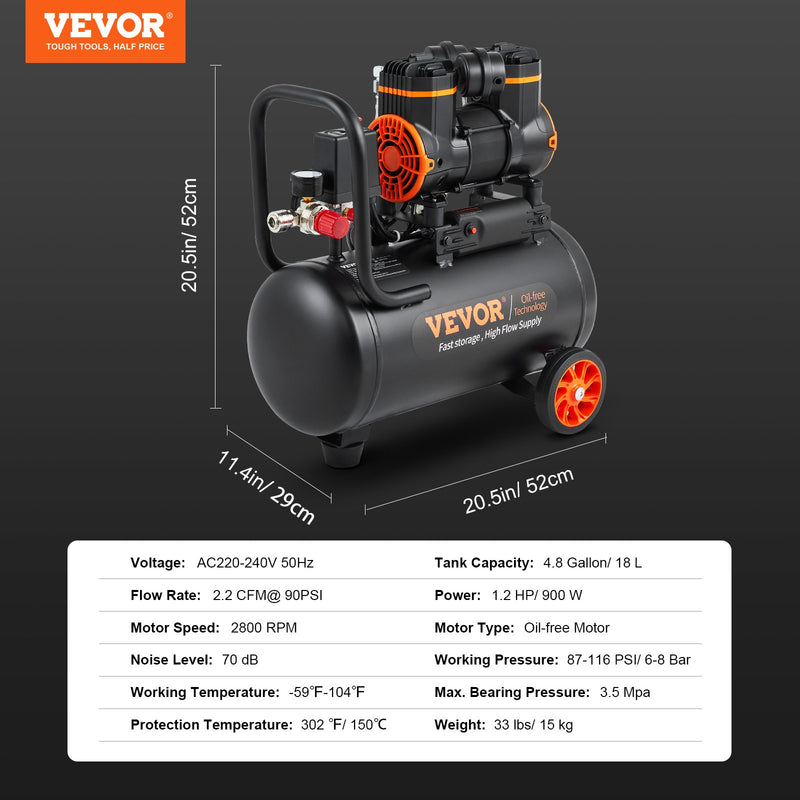 VEVOR bez eļļas īpaši klusais gaisa kompresors, 4,8 l, 900 W, 62 l/min pie 6,2 bāriem, 70 dB