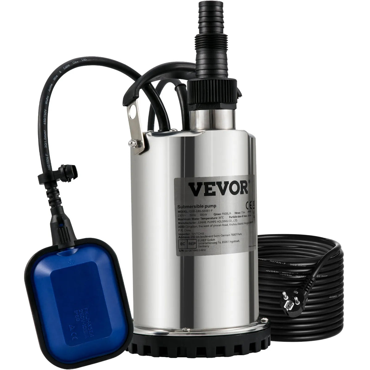VEVOR Submersible Water Pump 550 W, Flow Rate up to 9,500 l/h, with 10 m Cable and Automatic Float Switch, Portable Stainless Steel Body, Suitable for Clean Water, Flooded Areas Drainage, Pools, Hot Tubs and Irrigation