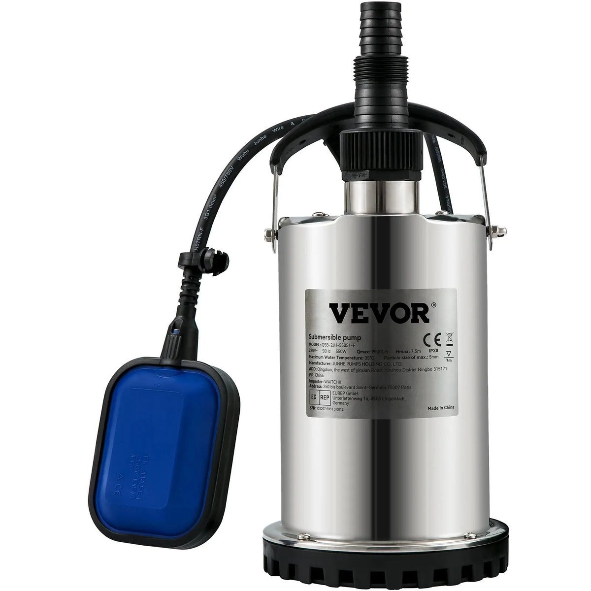 VEVOR Submersible Water Pump 550 W, Flow Rate up to 9,500 l/h, with 10 m Cable and Automatic Float Switch, Portable Stainless Steel Body, Suitable for Clean Water, Flooded Areas Drainage, Pools, Hot Tubs and Irrigation