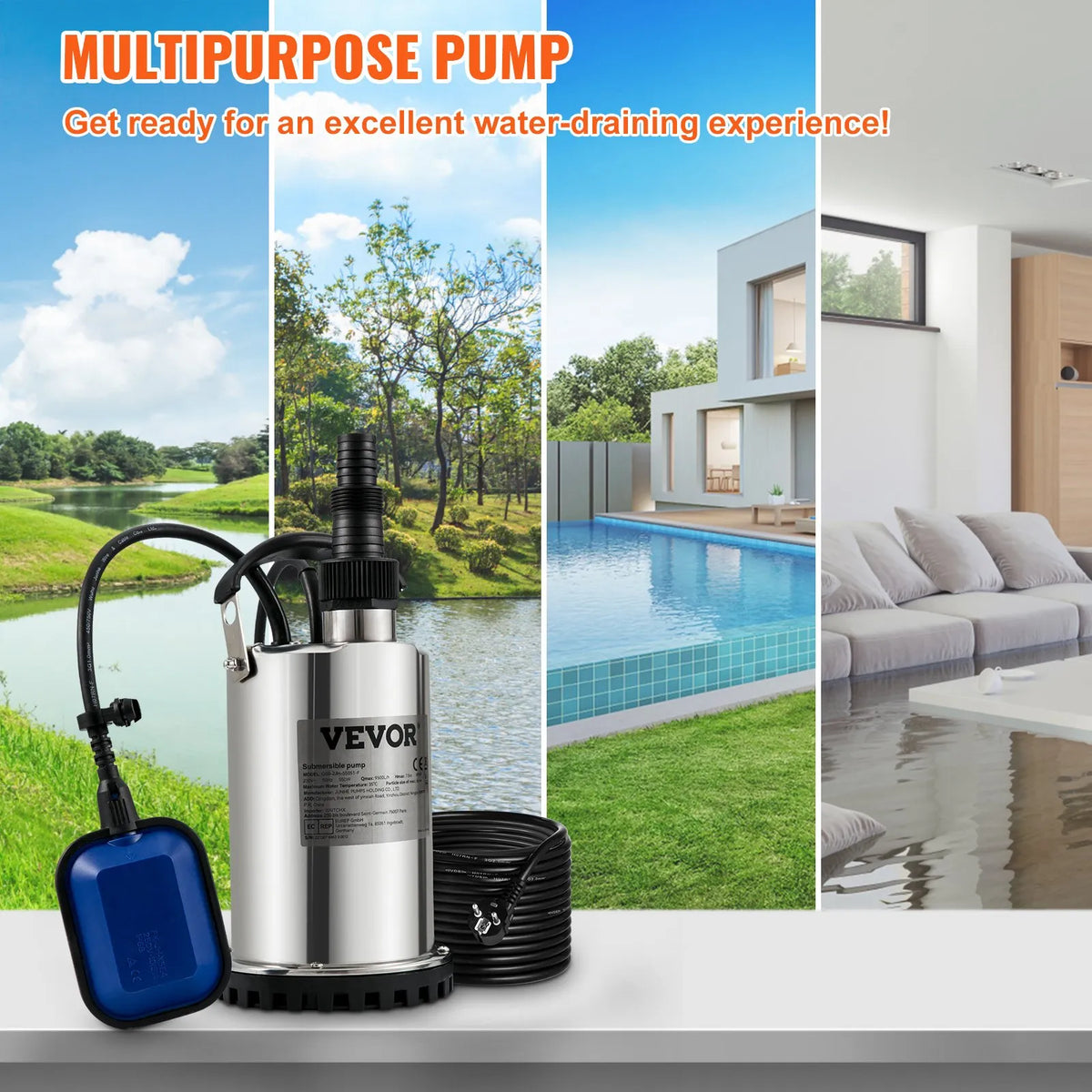 VEVOR Submersible Water Pump 550 W, Flow Rate up to 9,500 l/h, with 10 m Cable and Automatic Float Switch, Portable Stainless Steel Body, Suitable for Clean Water, Flooded Areas Drainage, Pools, Hot Tubs and Irrigation