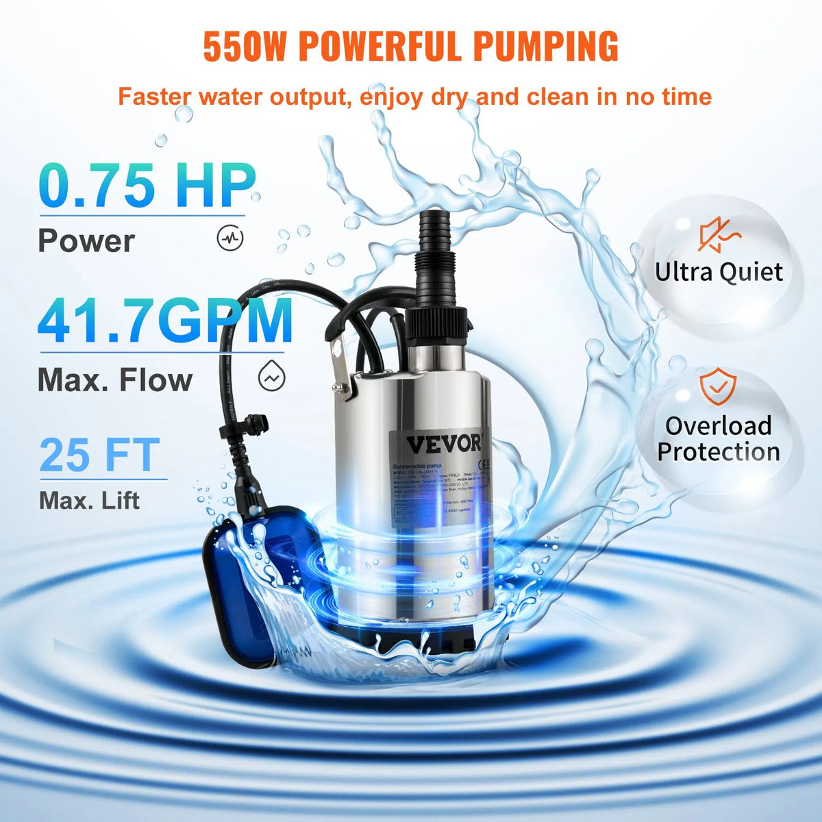 VEVOR Submersible Water Pump 550 W, Flow Rate up to 9,500 l/h, with 10 m Cable and Automatic Float Switch, Portable Stainless Steel Body, Suitable for Clean Water, Flooded Areas Drainage, Pools, Hot Tubs and Irrigation