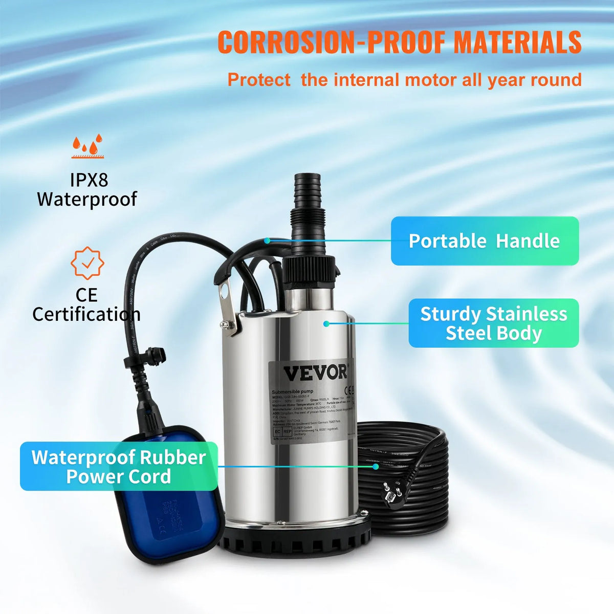 VEVOR Submersible Water Pump 550 W, Flow Rate up to 9,500 l/h, with 10 m Cable and Automatic Float Switch, Portable Stainless Steel Body, Suitable for Clean Water, Flooded Areas Drainage, Pools, Hot Tubs and Irrigation
