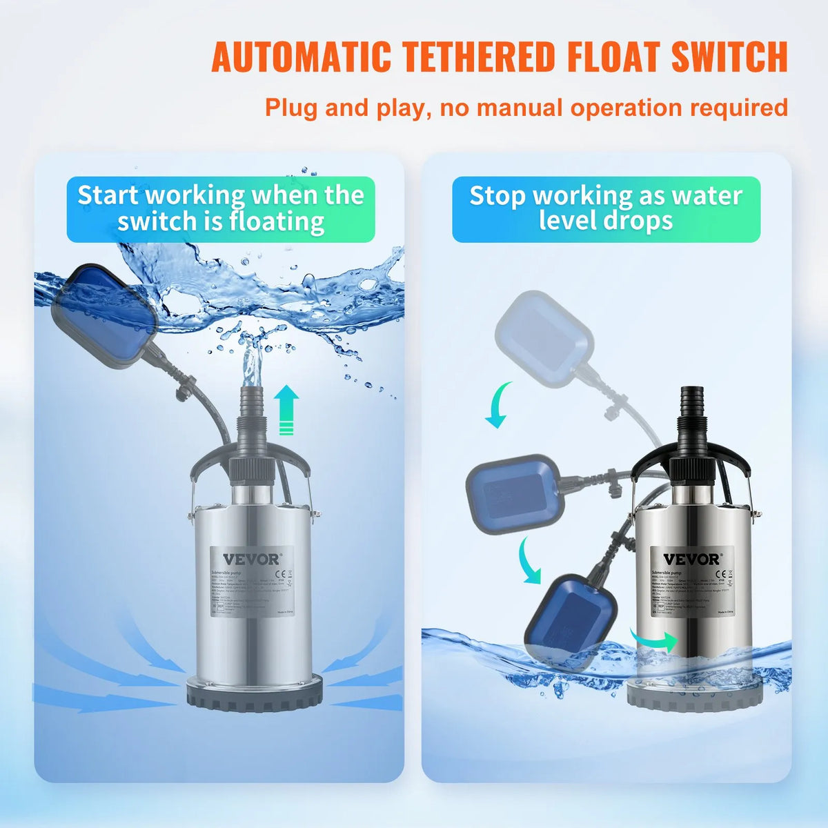 VEVOR Submersible Water Pump 550 W, Flow Rate up to 9,500 l/h, with 10 m Cable and Automatic Float Switch, Portable Stainless Steel Body, Suitable for Clean Water, Flooded Areas Drainage, Pools, Hot Tubs and Irrigation