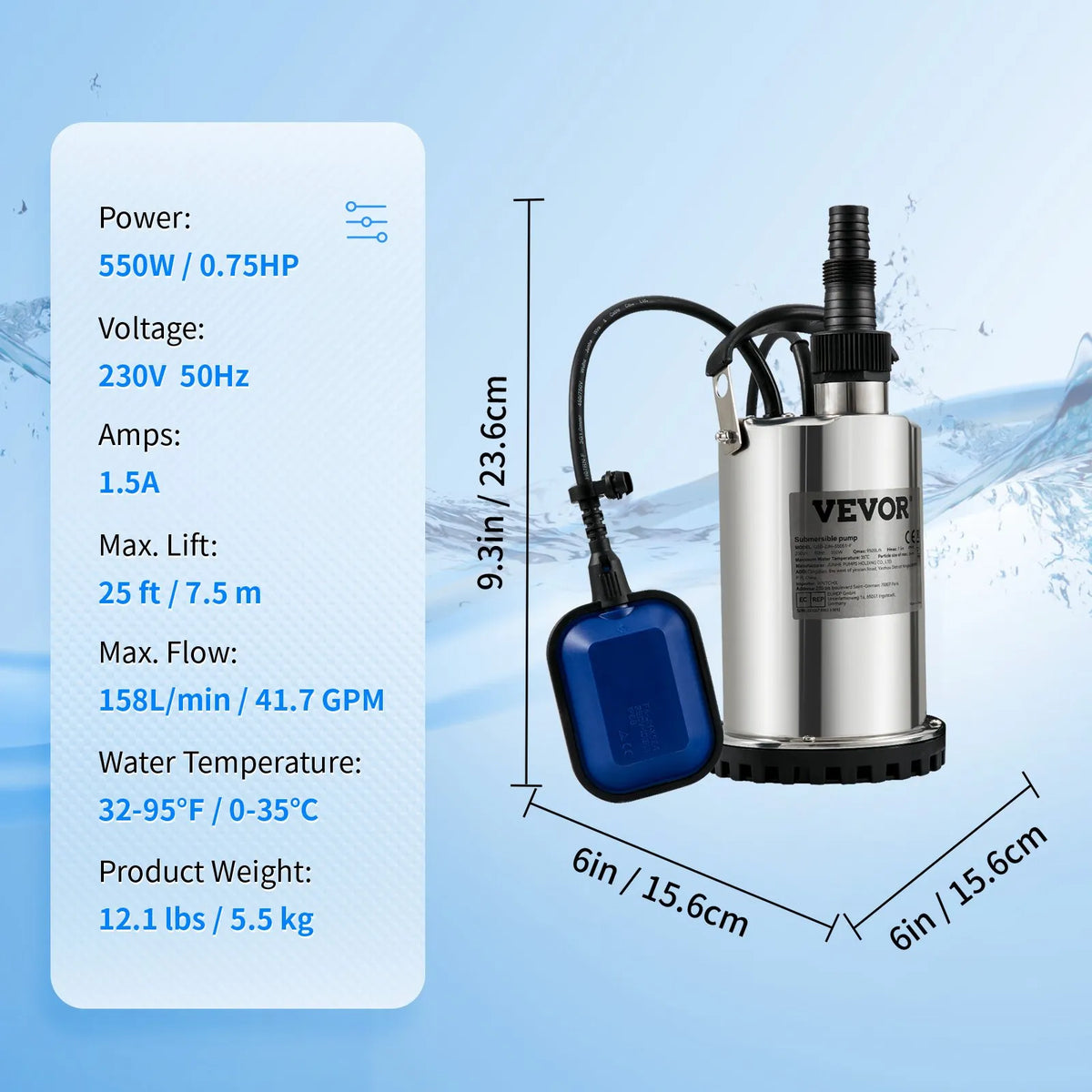 VEVOR Submersible Water Pump 550 W, Flow Rate up to 9,500 l/h, with 10 m Cable and Automatic Float Switch, Portable Stainless Steel Body, Suitable for Clean Water, Flooded Areas Drainage, Pools, Hot Tubs and Irrigation