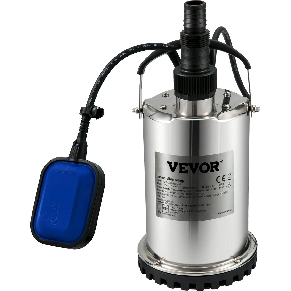 VEVOR Submersible Water Pump 550 W, Flow Rate up to 9,500 l/h, with 10 m Cable and Automatic Float Switch, Portable Stainless Steel Body, Suitable for Clean Water, Flooded Areas Drainage, Pools, Hot Tubs and Irrigation