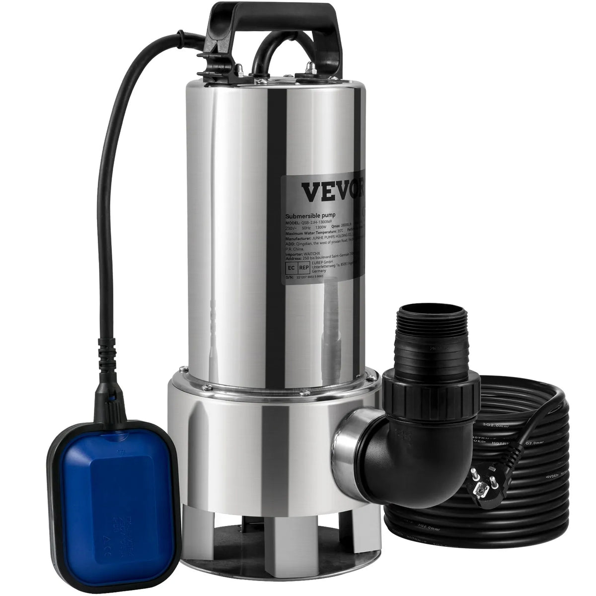 VEVOR iegremdējamais ūdens sūknis 1300 W, plūsma līdz 20 000 l/h, ar 10 m kabeli un automātisku pludiņslēdzi, nerūsējošā tērauda un čuguna konstrukcija, piemērots tīram un netīram ūdenim, dīķiem, baseiniem un karstajām vannām