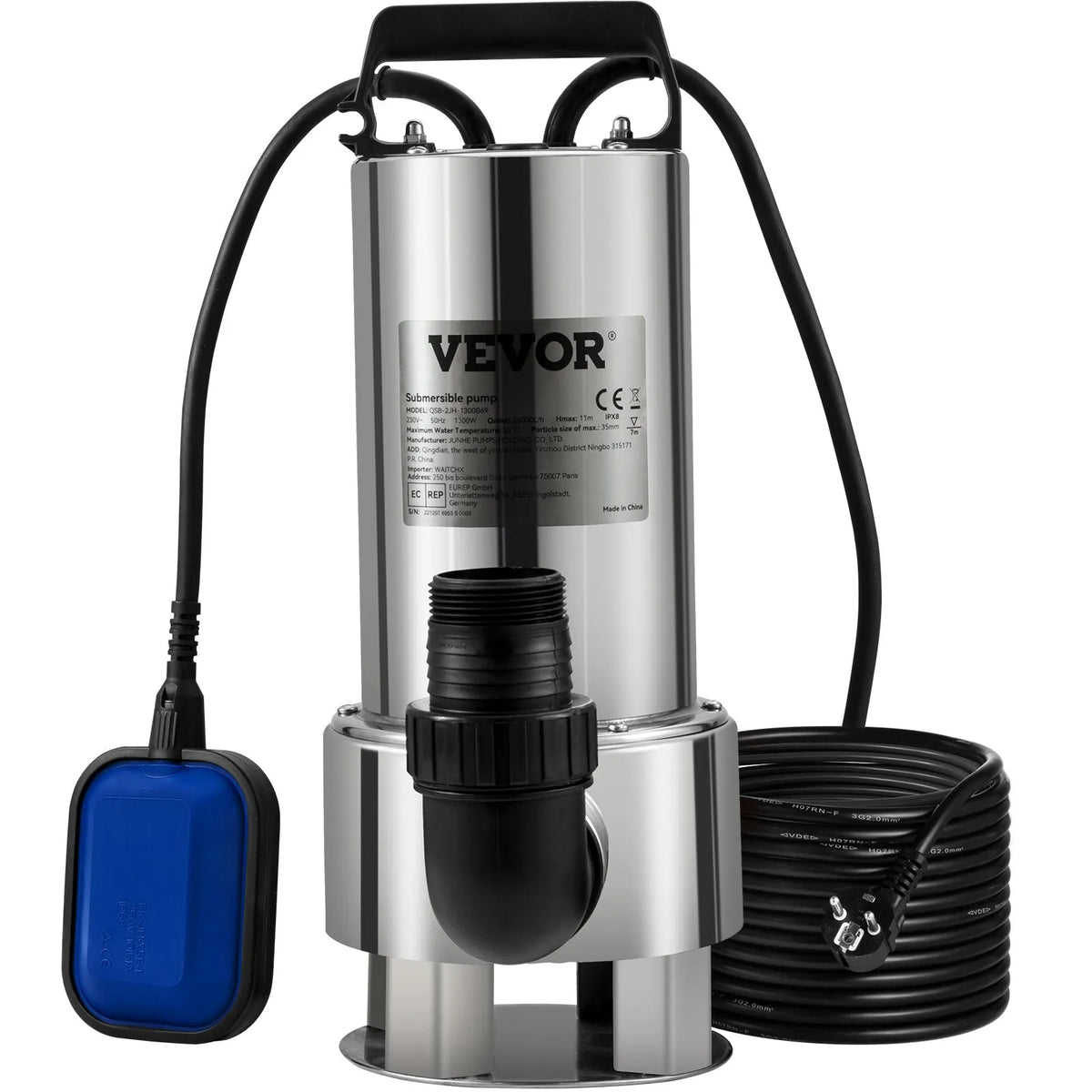 VEVOR iegremdējamais ūdens sūknis 1300 W, plūsma līdz 20 000 l/h, ar 10 m kabeli un automātisku pludiņslēdzi, nerūsējošā tērauda un čuguna konstrukcija, piemērots tīram un netīram ūdenim, dīķiem, baseiniem un karstajām vannām