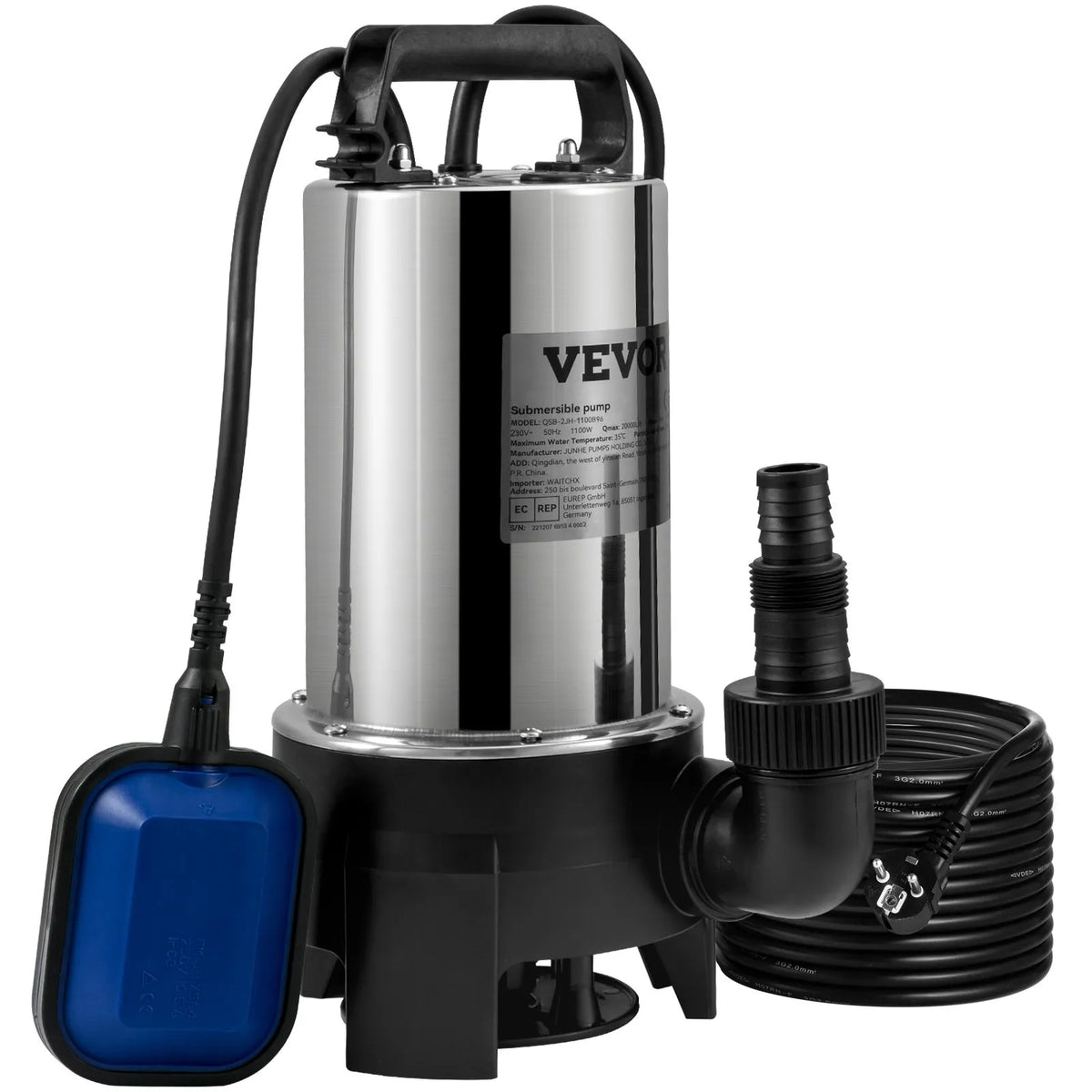 VEVOR Submersible Water Pump 1100 W, Flow up to 20,000 l/h, with 10 m Cable and Automatic Float Switch, Stainless Steel Housing, Suitable for Clean and Dirty Water, Flooded Areas, Garden Ponds, Pools and Hot Tubs Drainage