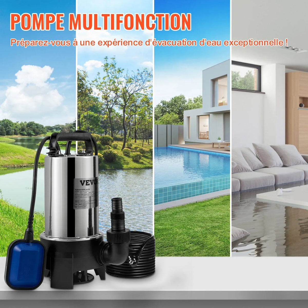 VEVOR Submersible Water Pump 1100 W, Flow up to 20,000 l/h, with 10 m Cable and Automatic Float Switch, Stainless Steel Housing, Suitable for Clean and Dirty Water, Flooded Areas, Garden Ponds, Pools and Hot Tubs Drainage