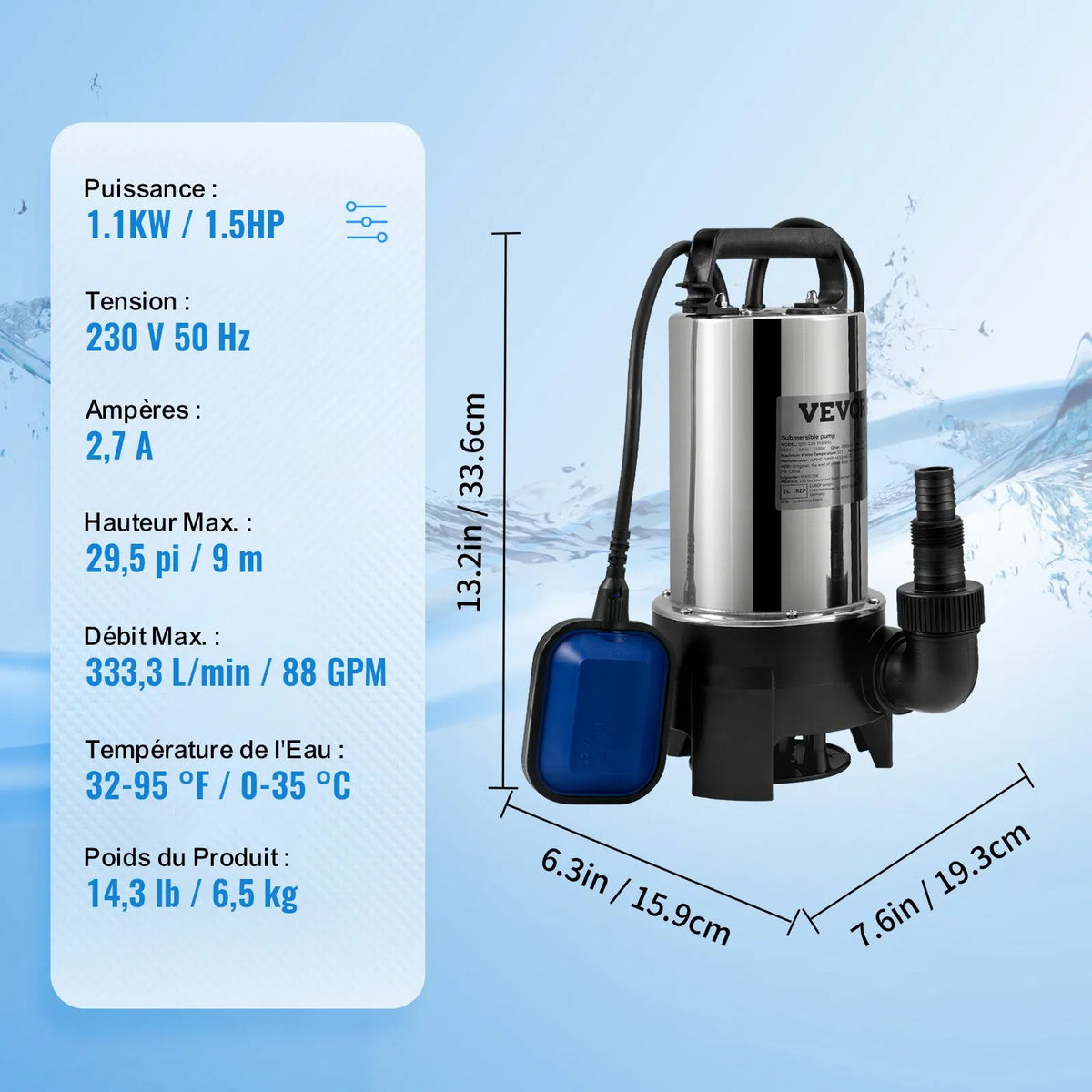 VEVOR Submersible Water Pump 1100 W, Flow up to 20,000 l/h, with 10 m Cable and Automatic Float Switch, Stainless Steel Housing, Suitable for Clean and Dirty Water, Flooded Areas, Garden Ponds, Pools and Hot Tubs Drainage