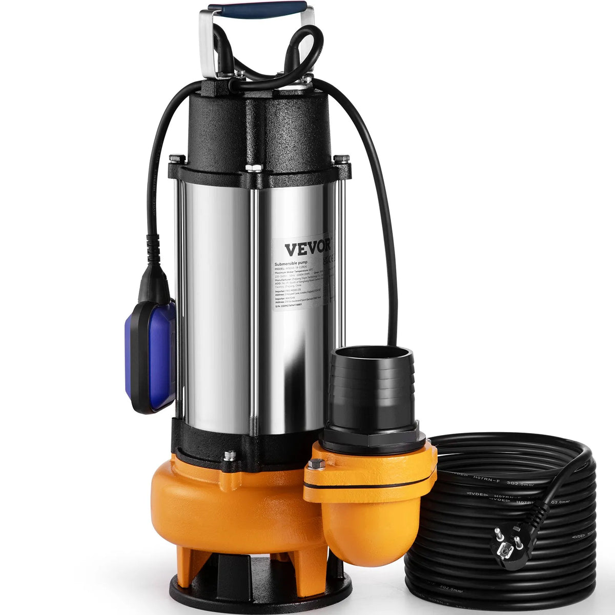 VEVOR Submersible Water Pump 2200 W, Flow up to 60,000 l/h, with 8 m Cable and Automatic Float Switch, Stainless Steel Housing, Suitable for Clean and Dirty Water, Flooded Areas, Garden Ponds, Pools and Hot Tubs Drainage