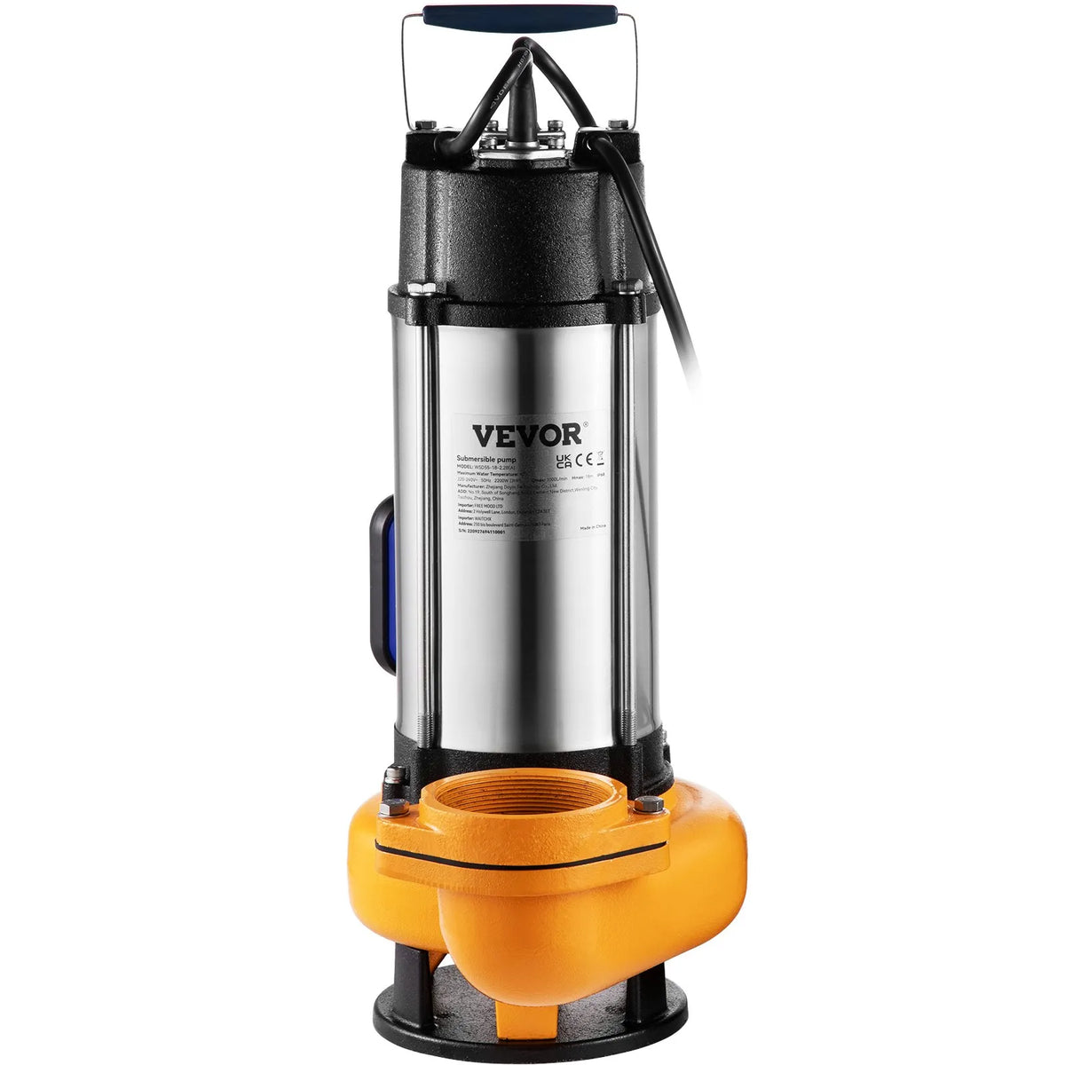 VEVOR Submersible Water Pump 2200 W, Flow up to 60,000 l/h, with 8 m Cable and Automatic Float Switch, Stainless Steel Housing, Suitable for Clean and Dirty Water, Flooded Areas, Garden Ponds, Pools and Hot Tubs Drainage